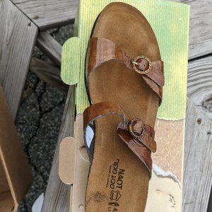 Brand new NAOT "Kate" wood patent sandals